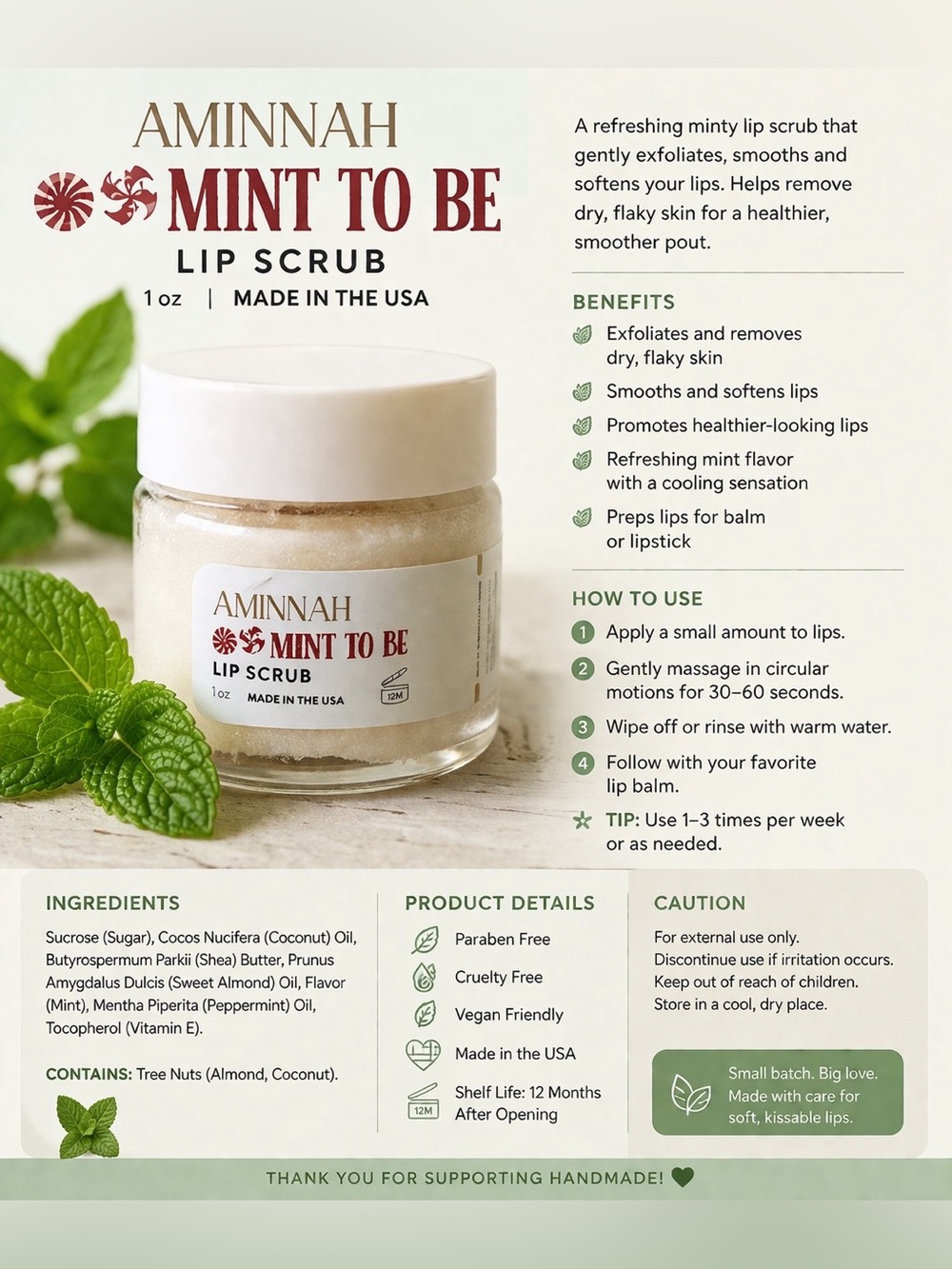 AMINNAH Lip Scrub “Mint To Be” 🌿 Soft Lips Must-Have | 1 oz